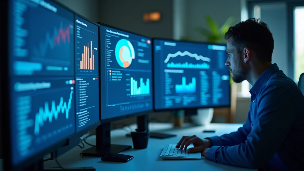 Detaillierte Datenanalyse mit Diagrammen und Statistiken auf Computerbildschirm in modernem Büro