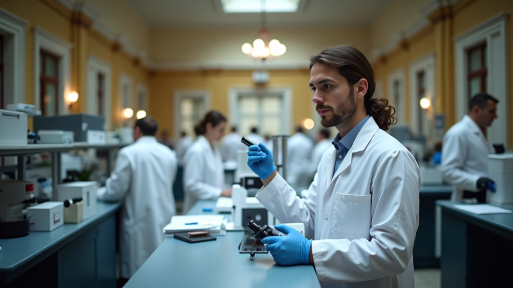 Max-Planck-Institut Gebäude mit klassischer Architektur und Wissenschaftlern im Labor