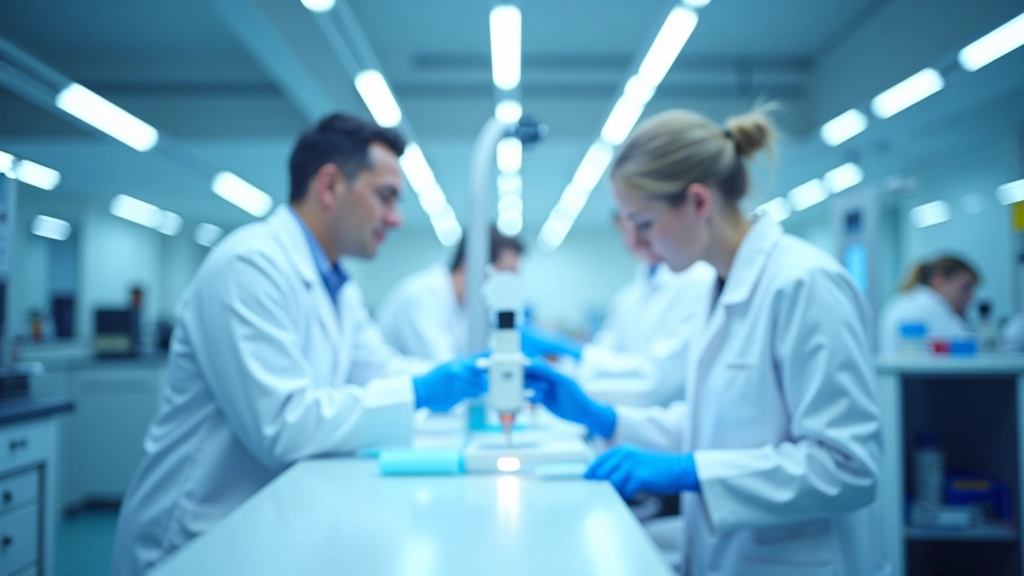 Modernes Forschungslabor mit technologischer Ausrüstung und Wissenschaftlern in Laborkitteln