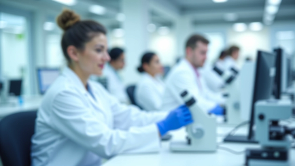 Modernes Forschungslabor mit Wissenschaftlern an Geräten und Computern