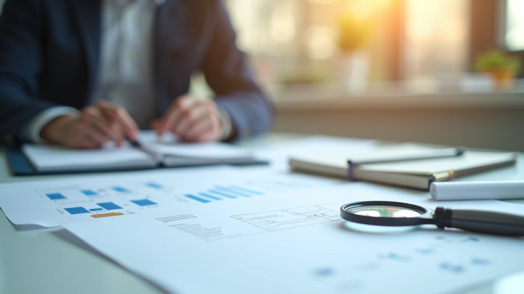 Stapel von Patentdokumenten und technischen Zeichnungen auf einem Schreibtisch mit Lupe und Notizbuch