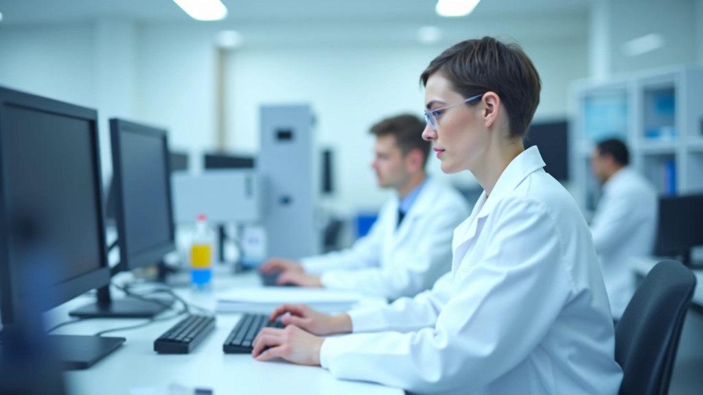 Modernes Forschungslabor mit Wissenschaftlern bei der Arbeit an hochmodernen Geräten und Computern