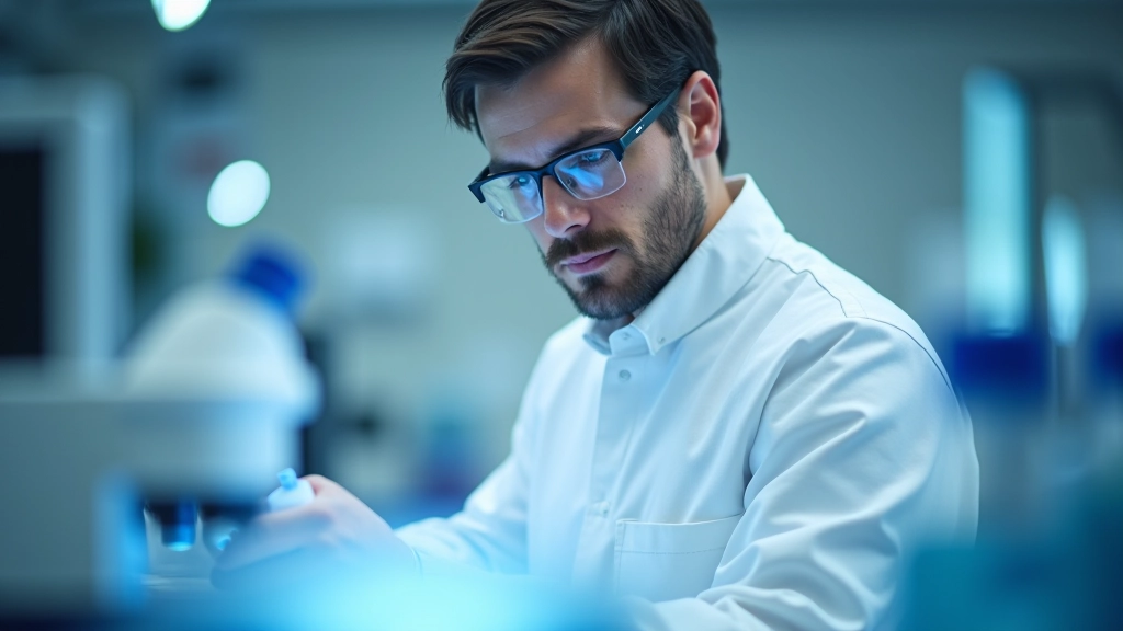 Wissenschaftler arbeitet konzentriert an komplexem Experiment in modernem Labor mit Geräten