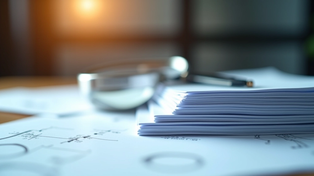 Patent-Dokumente gestapelt mit Lupe und technischen Zeichnungen